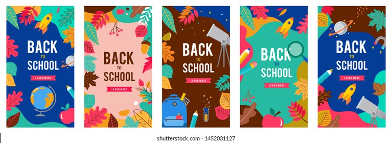 Back to school set of banners with leaves, pen, pencil and apple on different backgrounds. School shopping, sale signs. Vector illustration.