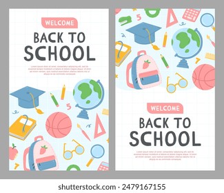 Conjunto de Anuncios o afiches de regreso a la escuela Plantilla con artículos escolares en el fondo. Ilustración vectorial del concepto escolar