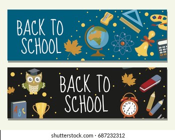 Back to school set of banners, template with space for text for your design. Education collection long board, poster, flyer. Flat style. Vector illustration