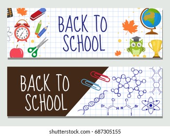 Back to school set of banners, template with space for text for your design. Education collection long board, poster, flyer. Flat style. Vector illustration
