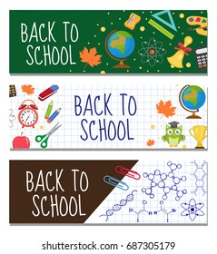 Back to school set of banners, template with space for text for your design. Education collection long board, poster, flyer. Flat style. Vector illustration