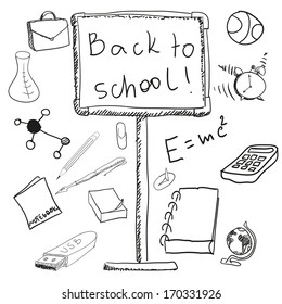 Back to school set. School board, formula, physics, chemistry, notebook, pen, pencil, globe, calculator, ball, stationery