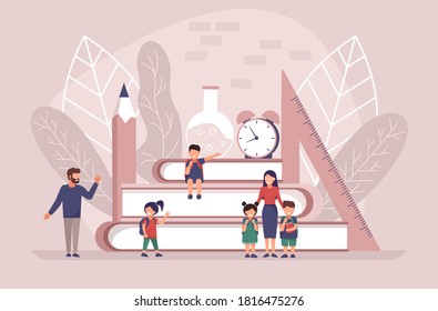 Back to school. Set of boys and girls going to elementary or middle school. Collection of children with backpack or bag.