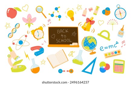 Back to school set with bright colorful illustrations of school subjects: science,chemistry, biology, geography, art, and supplies. Kids education elements: globe, magnet, microscope, compass, atom