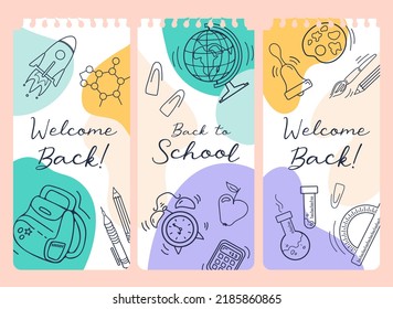 Back To School. Set Of Bright Modern Story Templates In Sketch Style And Pastel Colors. Educational Attributes - Globe, Alarm Clock, Backpack, Notepad. For Advertising Banner, Website, Sale Flyer.