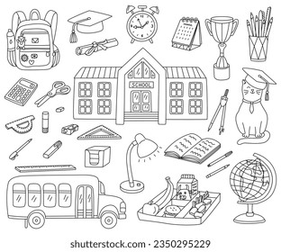 Back to school set with a bus, stationary, breakfast on a tray, backpack, alarm clock. Hand drawn doodle illustration, black outline.