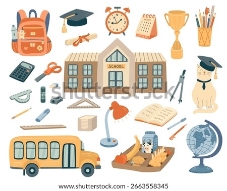 Back to school set with a bus, stationary, breakfast on a tray, backpack, alarm clock. Hand drawn flat style illustration.