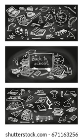 Back to school set of cards with educational objects on black chalk board background. 3 labels in 1. poster, invitation, greeting, business card. For decoration, packing, wrapping, prints. school pack