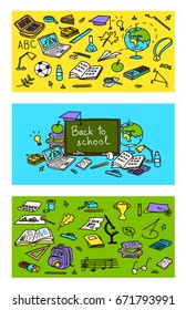 Back to school set of cards with educational objects. Colored sketch. 3 labels in 1. poster, invitation, greeting, business card. For decoration, packing, wrapping, prints. school pack, prints,