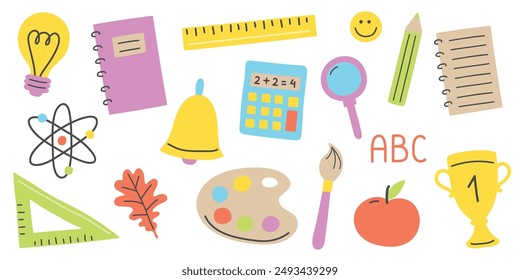 Back to School set with cartoon icons. Supply elements. Vector illustration