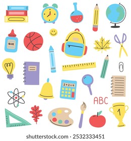 Back to School set with cartoon icons. Supply elements. Vector illustration