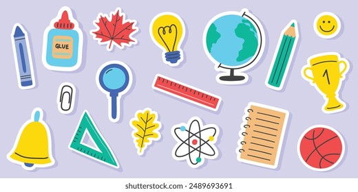 Back to School set with cartoon stickers. Supply icons. Vector illustration