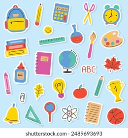 Back to School set with cartoon stickers. Supply icons. Vector illustration