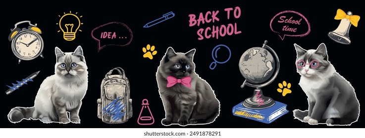 Back to school Set of cats in halftone collage style with naive doodle school supplies . Trending collage style. Learning Concept. Grunge punk surreal poster, collage template vintage photocopy effect