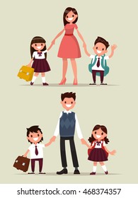 Back to school. Set of characters. Parents with their children schoolchildren. Vector illustration of a flat design