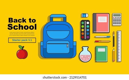 De vuelta a la escuela. Conjunto de mochilas escolares infantiles e ilustración vectorial de bolsos de escuela. papelería, cuadernos y libros de texto aislados en amarillo. Accesorios elegantes