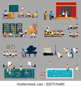 De vuelta a la escuela. El conjunto de niños en el aula, biblioteca, clase de música, gimnasio, piscina, dibujo, comedor, salón de reuniones. Ilustración plana vectorial.