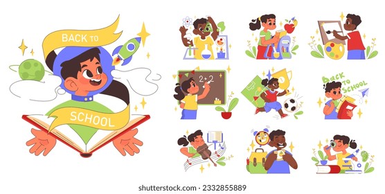 Back to school set. Children doing school subject research. Happy girls and boys making art and doing sport. Multidisciplinary studying, academic knowledge gaining. Flat vector illustration