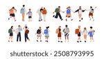 Back to school set. Children students holding hands, walking together, rear view from behind. Kids groups, classmates, friends with backpacks. Flat vector illustration isolated on white background