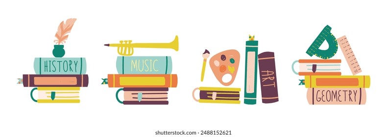 Back to school. set of clip arts textbooks with subjects: history, music, art and geometry. Flat hand drawn vector illustration.