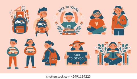 Back to school. Set cliparts with school accessories, school boys and girls, standing, sitting, reading. Collection of vector illustration with backpack, stack of books, blackboard. Flat design.