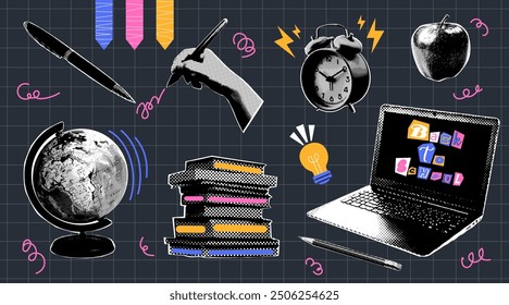 Back to school set. School collage elements in retro halftone style. Trending collage style. Concept for school, college, university and study. Laptop, alarm clock, pen, pencil, books, apple