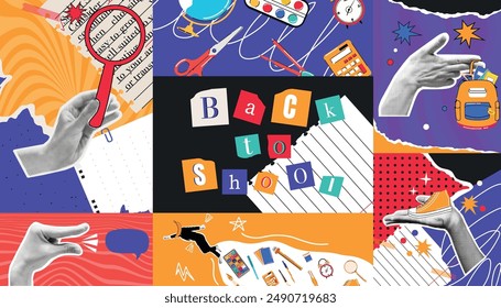 Back to school. A set of collages and posters in halftone style. Cut paper. Vector. Modern trendy style. Retro template. Gesture. Elements. Supply. Equipment for studding. Stickers. Template. 