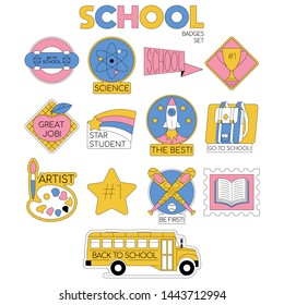 Back to school set collection of badges for students, pupils clothes. Cartoon modern trendy line illustration. Education icons Fashion hipster design for sticker set, print on t-shirt, patch, pin.