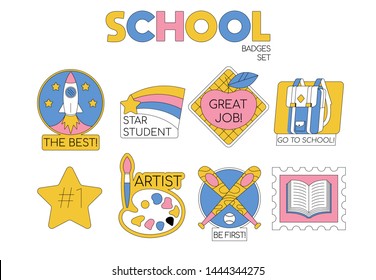 Back to school set collection of badges for students, pupils clothes. Cartoon modern trendy line illustration. Education icons Fashion hipster design for sticker set, print on t-shirt, patch, pin.