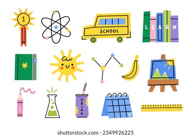 Back to school set. Collection of school supplies. Vector flat illustration.