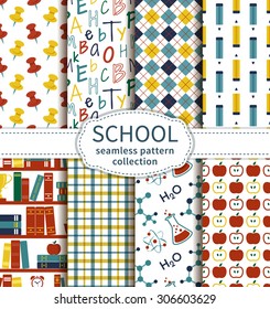 Back to school. Set of colorful education and science seamless patterns. Vector collection.