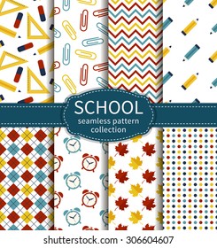 Back to school. Set of colorful school and education seamless patterns. Vector collection.