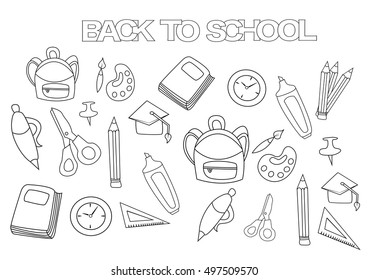 Back to school set. Coloring book page template.  Outline doodle vector illustration. 