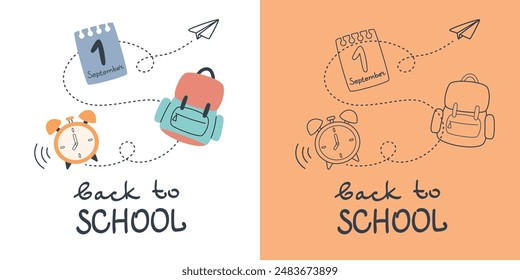 De vuelta a la escuela para cubrirse. Lindas ilustraciones escolares en diseño plano. Ilustración vectorial.
