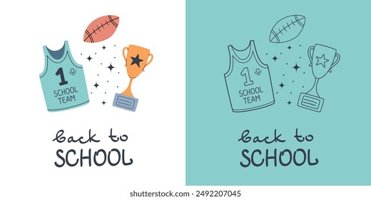 Zurück in die Schule zur Deckung. Nette Schulabbildungen von Schulbedarf in flachem Design. Vektorillustration.
