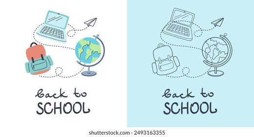 De vuelta a la escuela para cubrirse. Lindas ilustraciones escolares de útiles escolares en diseño plano. Ilustración vectorial.
