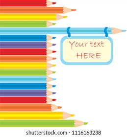 Back to school, set of crayons, plate with text. Isolated, rainbow, objects, colored