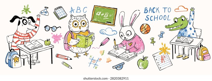 Back to school set with cute animal students, owl teacher, desk and stationery. Hand drawn doodle vector illustration isolated on white background