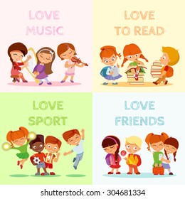 Back to school.Big set of cute cartoon children,pupils,boys and girls.Kids in various poses and actions:playing music,singing,jumping,smiling with friends,writing,reading. Vector icon set isolated