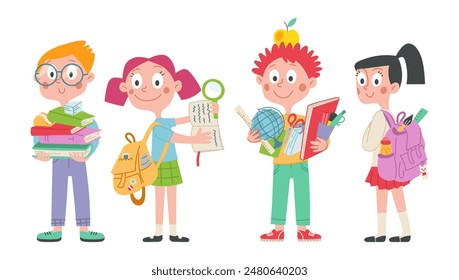 Back to school set of cute doodle schoolchildren characters. Boys and girls. School facilities, childrens school. Vector cartoon illustration