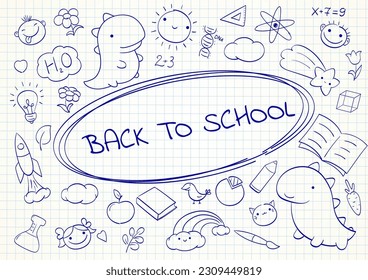 Back to school. Set of cute hand drawn sketches. Collection of funny sketch on notebook page - faces of boy and girl, dino, cat, leaf, sun, rainbow, rocket, apple, brush. Vector illustration EPS8
