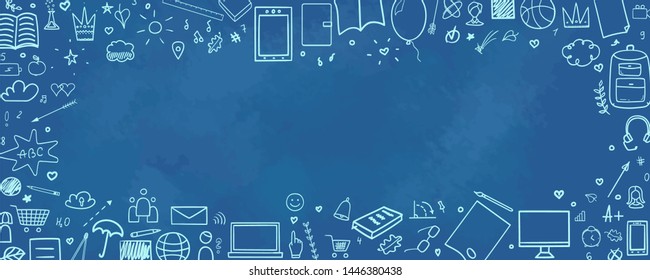 Back to school. Set of different signs. Background with hand drawn school supplies. Abstract banner design. Doodle for your work