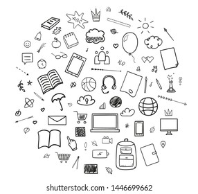 Back to school. Set of different signs. Hand drawn elements. Welcome back to school design. Abstract banner design. Black and white illustration