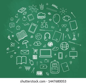Back to school. Set of different signs. Hand drawn elements. Welcome back to school design. Abstract blackboard