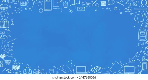 Back to school. Set of different signs. Abstract background with hand drawn school supplies. Banner design. Doodle for your business