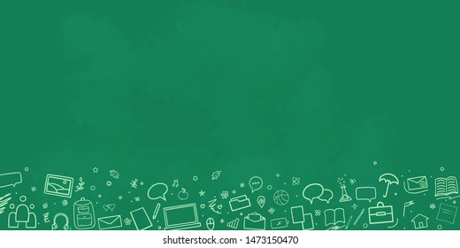 Back to school. Set of different signs. Abstract background with hand drawn school supplies. Banner design