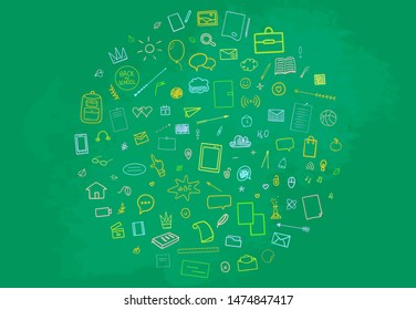 Back to school. Set of different signs. Abstract blackboard. Sketchy background with hand drawn school supplies. Banner design
