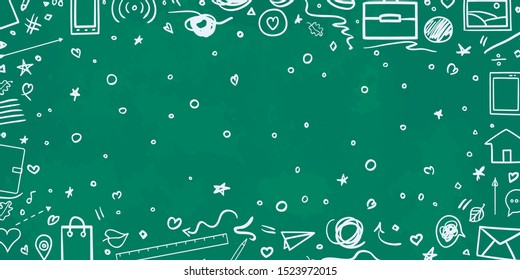 Back to school. Set of different signs. Abstract blackboard. Sketchy background with hand drawn school supplies. Banner design