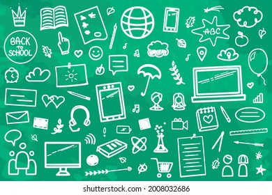Back to school. Set of different signs. Abstract blackboard. Sketchy background with hand drawn school supplies. Freehand drawing. Banner design
