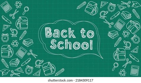 Back to school. Set of different signs. Abstract blackboard. Sketchy background with hand drawn school supplies.
